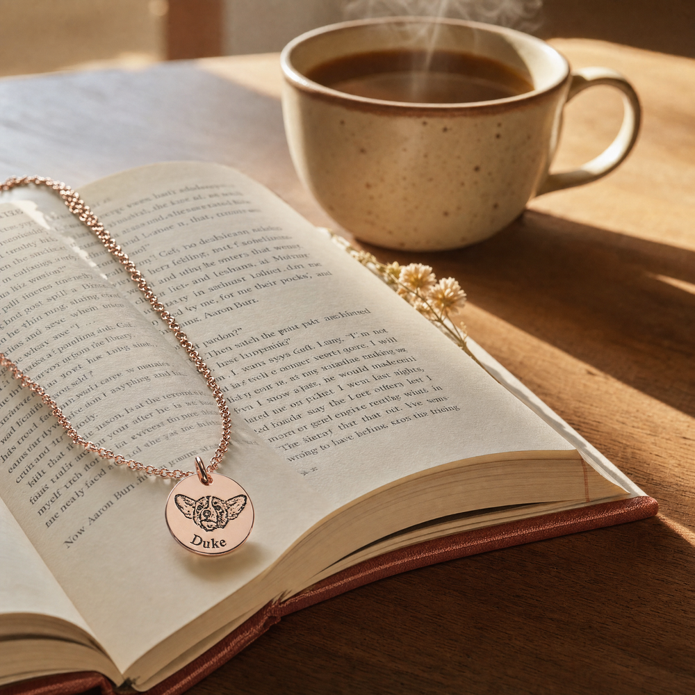 Customer review photo: pet portrait disc necklace draped on a book with coffee