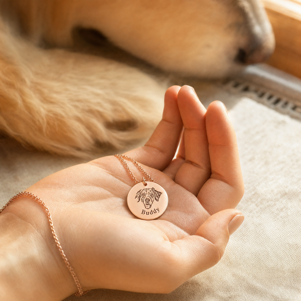 Customer review photo: pet portrait disc necklace held in palm with dog softly behind