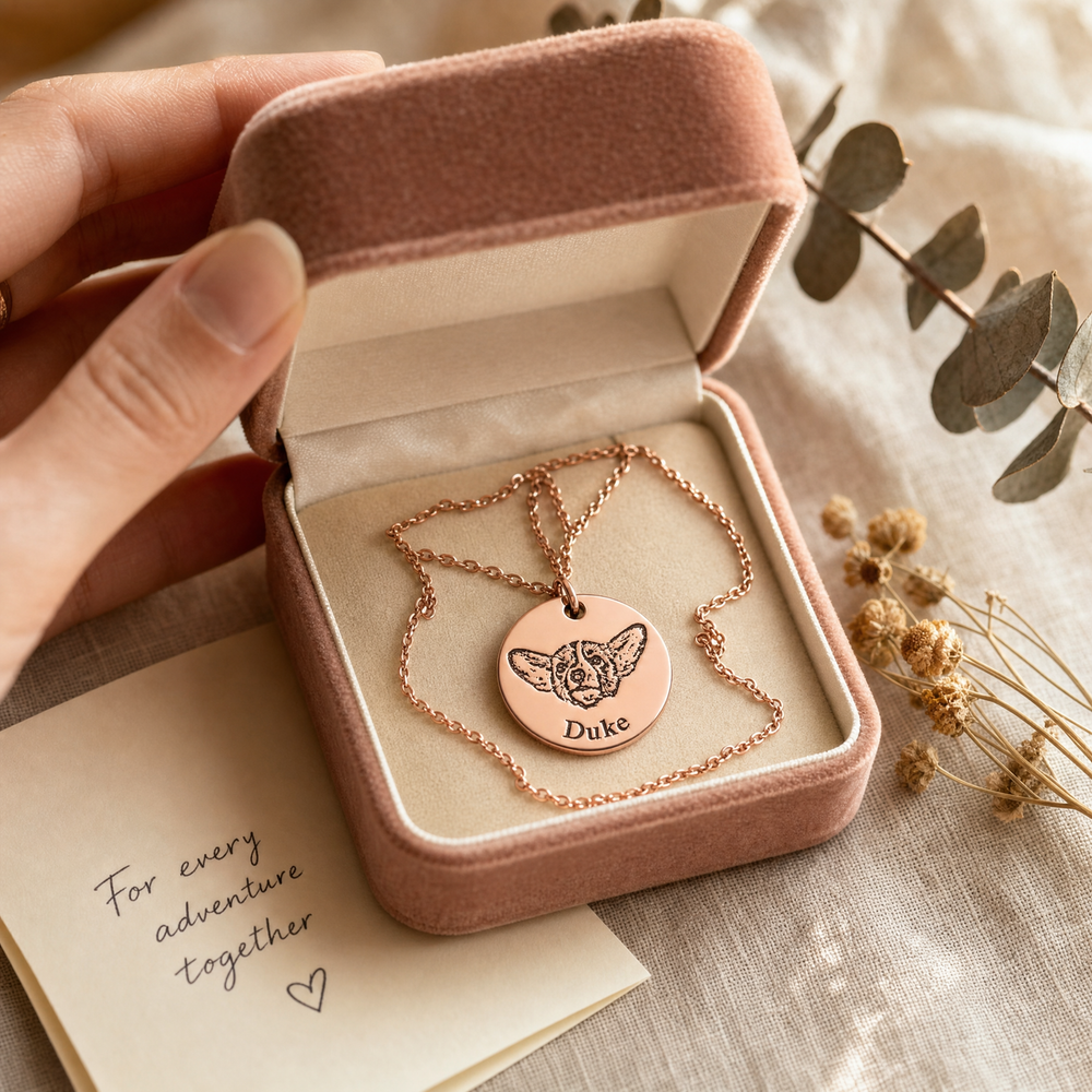 Customer review photo: pet portrait disc necklace in a pink velvet jewelry gift box