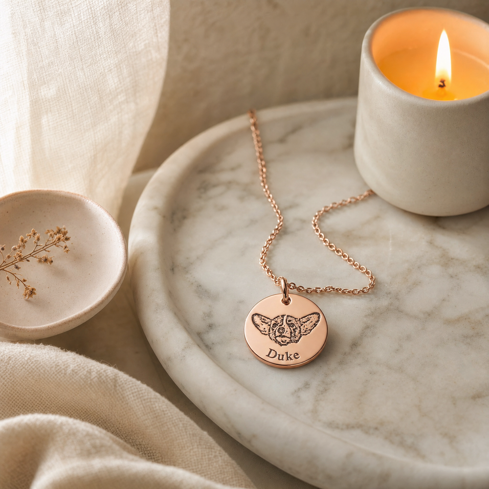 Customer review photo: pet portrait disc necklace on marble vanity tray with candle