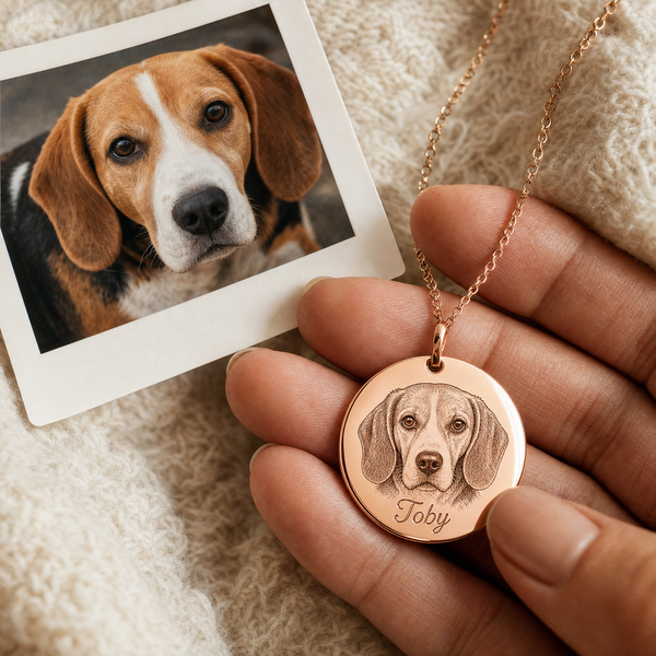 Pet portrait necklace — beagle Toby (no box)