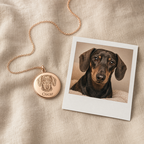 Pet portrait necklace — dachshund Oscar (no box)