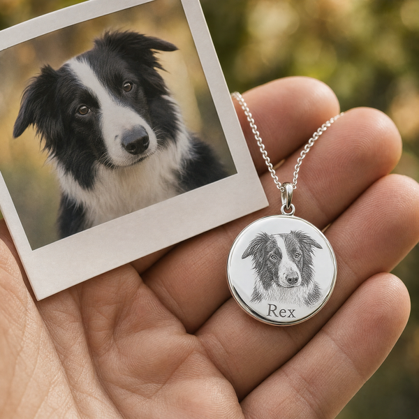 Pet portrait necklace — border collie Rex