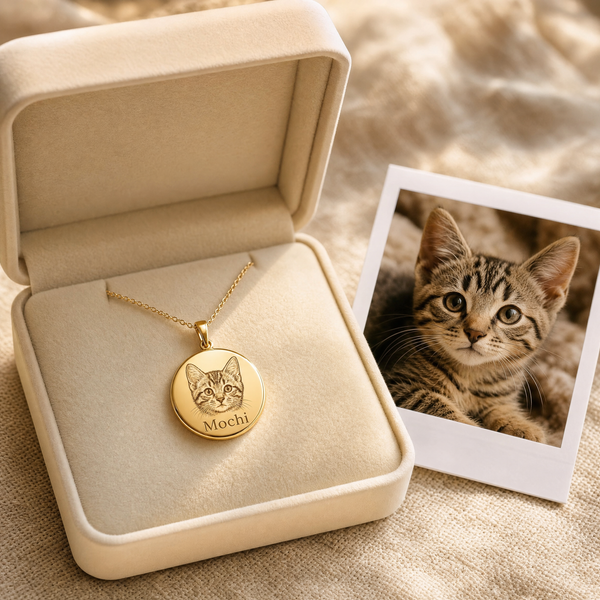 Pet portrait necklace — tabby kitten Mochi